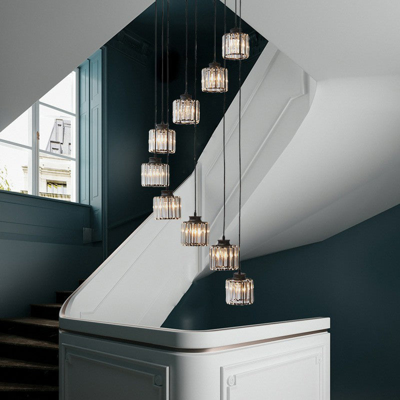 Postmodern Cylindrical Pendant Lamp Prismatic Crystal Stairway Multi Light Chandelier Clearhalo 'Ceiling Lights' 'Modern Pendants' 'Modern' 'Pendant Lights' 'Pendants' Lighting' 2424548