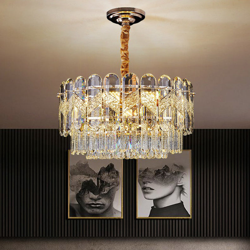 Clear K9 Crystal Layered Hanging Lamp Modernist Suspension Light Fixture for Bedroom Clear 23.5" Clearhalo 'Ceiling Lights' 'Modern Pendants' 'Modern' 'Pendant Lights' 'Pendants' Lighting' 2424714