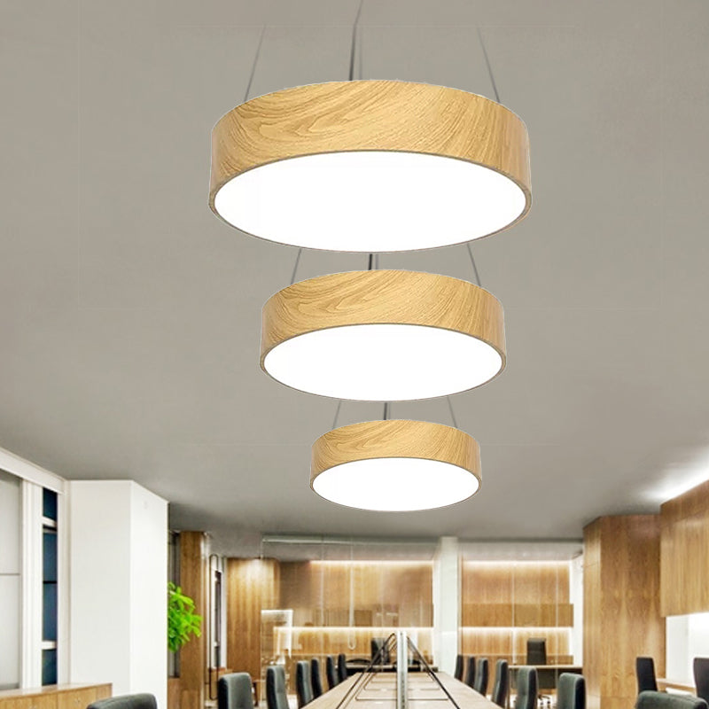 Simplicity Led Suspension Lighting with Drum Wooden Effect Shade Beige Hanging Lamp, 16"/19.5"/23.5" Wide Clearhalo 'Ceiling Lights' 'Modern Pendants' 'Modern' 'Pendant Lights' 'Pendants' Lighting' 242517