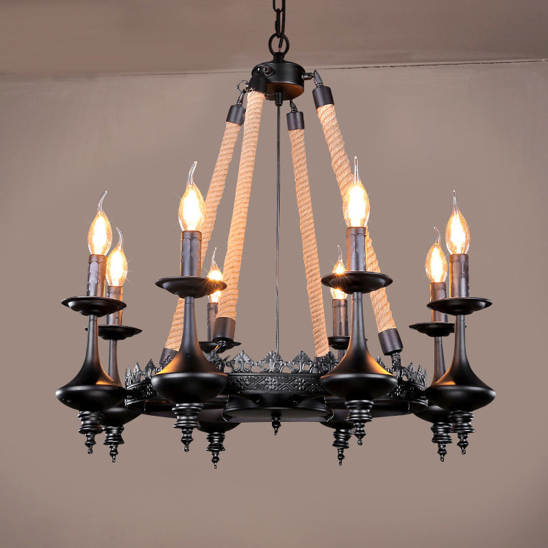 Iron Candle Chandelier Light Fixture Warehouse 6/8 Heads Dining Room Hanging Ceiling Light in Black with Rope Cord Clearhalo 'Ceiling Lights' 'Chandeliers' Lighting' options 2426795