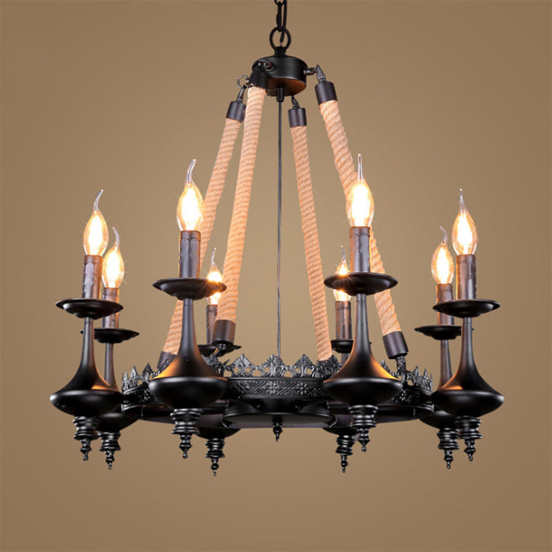 Iron Candle Chandelier Light Fixture Warehouse 6/8 Heads Dining Room Hanging Ceiling Light in Black with Rope Cord Clearhalo 'Ceiling Lights' 'Chandeliers' Lighting' options 2426797