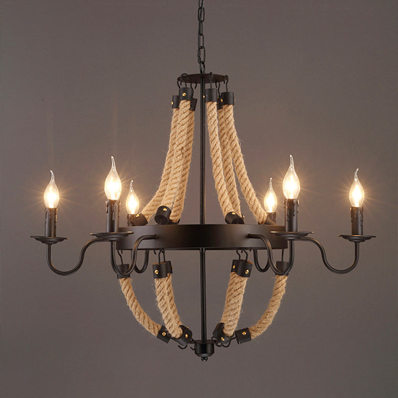 Loft Style Candelabrum Chandelier 8 Bulbs Hemp Rope Hanging Lamp in Black for Living Room Clearhalo 'Ceiling Lights' 'Chandeliers' Lighting' options 2426809