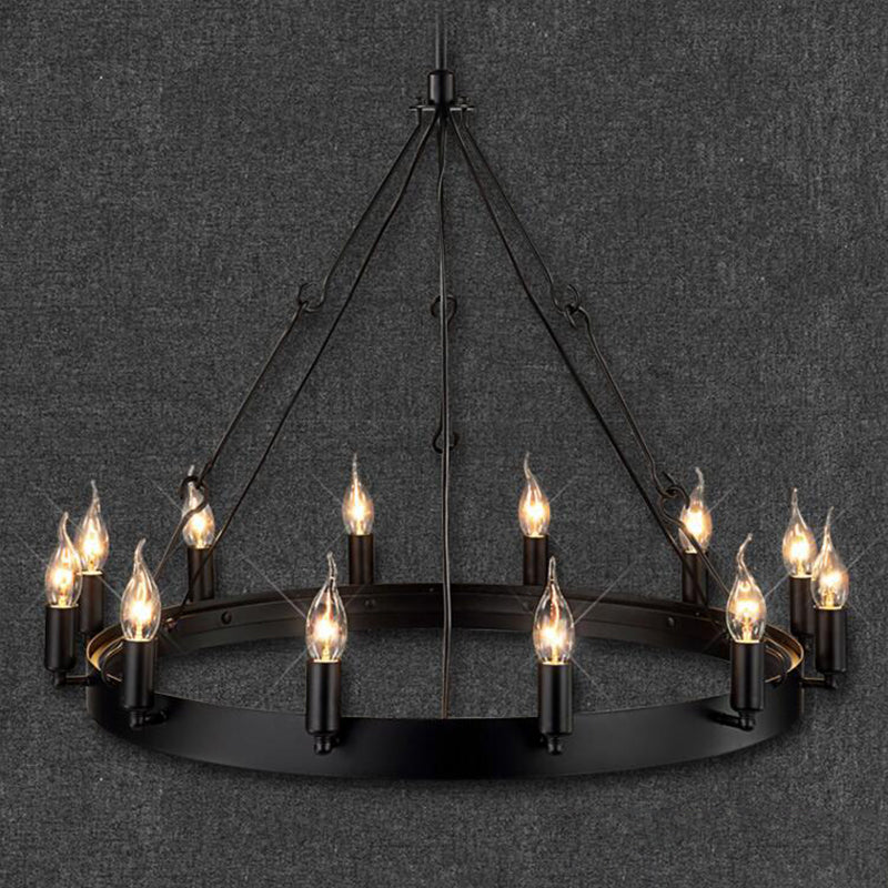 12/18 Lights Circle Chandelier Industrial Black Iron Hanging Lamp Kit with Bare Bulb Design 12 Black Clearhalo 'Ceiling Lights' 'Chandeliers' Lighting' options 2426820_7299ef99-0ece-4da5-90a6-2937a3eb7b86