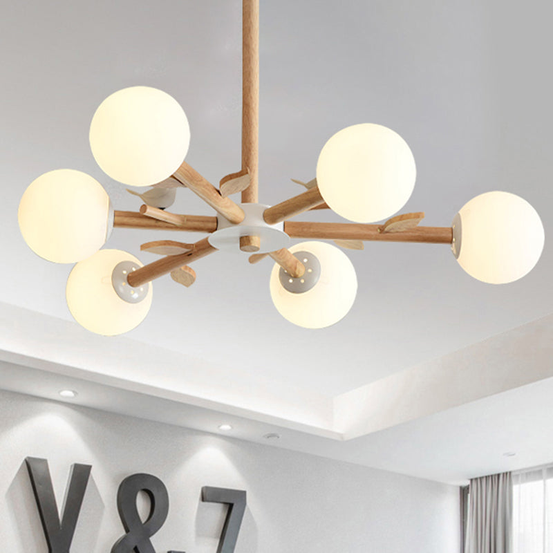 Orb Shade Bedroom Chandelier with Bird Wood Glass Japanese Style Hanging Light in White Clearhalo 'Carpenter Chandeliers' 'Ceiling Lights' 'Chandeliers' 'Industrial' 'Modern Chandeliers' 'Modern' Lighting' 243073
