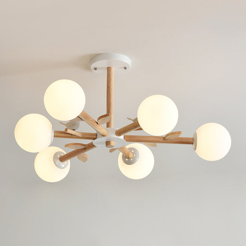 Orb Shade Bedroom Chandelier with Bird Wood Glass Japanese Style Hanging Light in White Clearhalo 'Carpenter Chandeliers' 'Ceiling Lights' 'Chandeliers' 'Industrial' 'Modern Chandeliers' 'Modern' Lighting' 243074