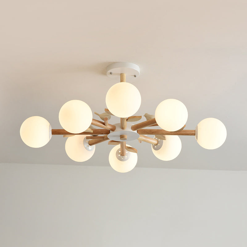 Orb Shade Bedroom Chandelier with Bird Wood Glass Japanese Style Hanging Light in White Clearhalo 'Carpenter Chandeliers' 'Ceiling Lights' 'Chandeliers' 'Industrial' 'Modern Chandeliers' 'Modern' Lighting' 243076