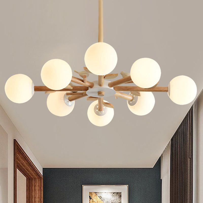 Orb Shade Bedroom Chandelier with Bird Wood Glass Japanese Style Hanging Light in White Clearhalo 'Carpenter Chandeliers' 'Ceiling Lights' 'Chandeliers' 'Industrial' 'Modern Chandeliers' 'Modern' Lighting' 243077
