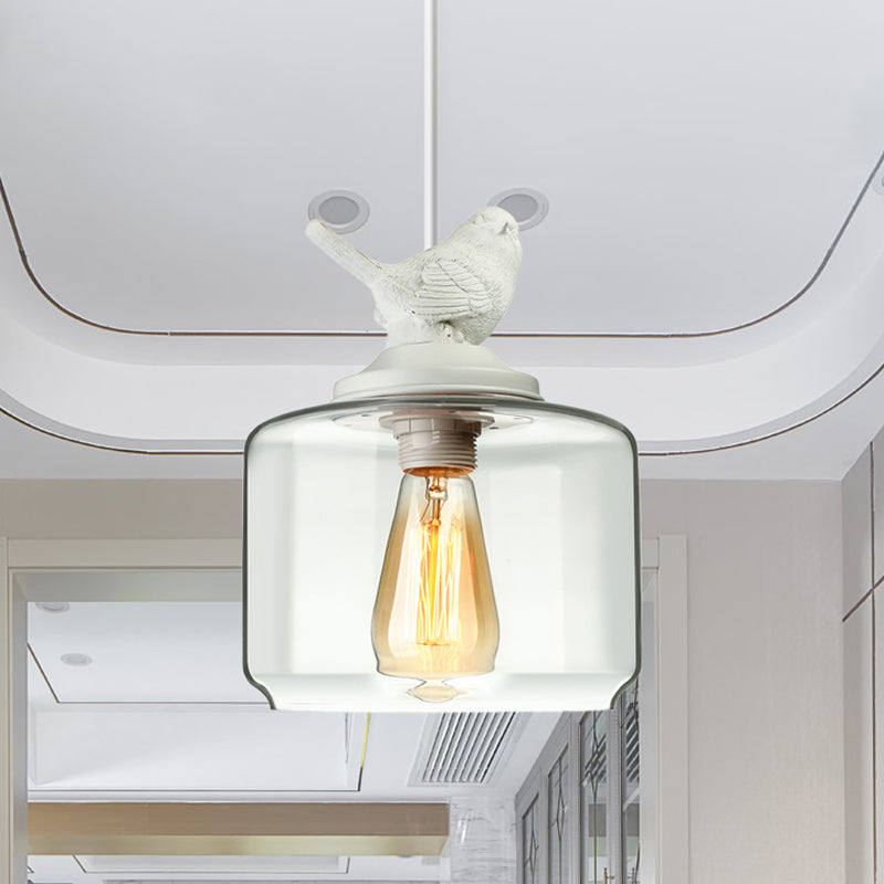 Cylindrical/Barrel shaped Pendant Lighting Modernist 1/5 Lights Clear Glass White Hanging Lamp with Bird Design 1 White Cylinder Clearhalo 'Ceiling Lights' 'Glass shade' 'Glass' 'Modern Pendants' 'Modern' 'Pendant Lights' 'Pendants' Lighting' 243678