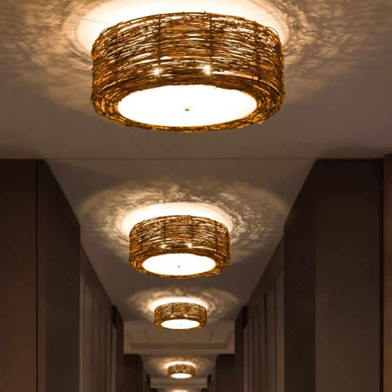 Hand-Woven Flush Mount Lamp with Round Shade Modern Rattan 3 Lights Bedroom Ceiling Light Fixture in Brown, 16"/19.5" W Clearhalo 'Ceiling Lights' 'Close To Ceiling Lights' 'Close to ceiling' 'Flush mount' Lighting' 244281