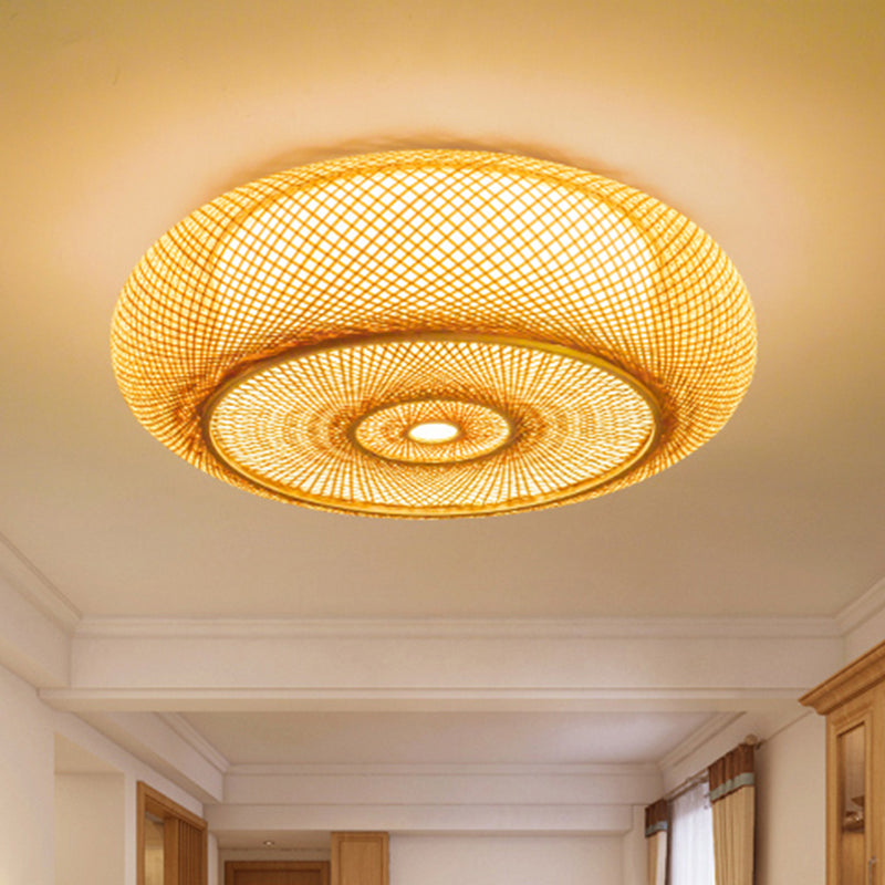 Handcrafted Bedroom Flush Mount Light Fixture Bamboo 16"/19.5" W 3 Lights Ceiling Flush Light with Round Shade in Beige Beige Clearhalo 'Ceiling Lights' 'Close To Ceiling Lights' 'Close to ceiling' 'Flush mount' Lighting' 244302