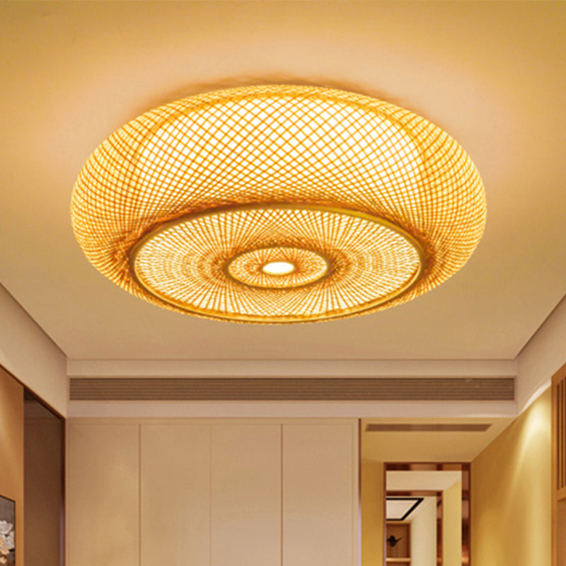 Handcrafted Bedroom Flush Mount Light Fixture Bamboo 16"/19.5" W 3 Lights Ceiling Flush Light with Round Shade in Beige Clearhalo 'Ceiling Lights' 'Close To Ceiling Lights' 'Close to ceiling' 'Flush mount' Lighting' 244303