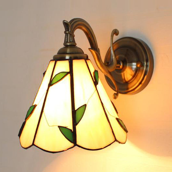 Stained Glass Wall Lighting Tiffany Rustic 1 Light Wall Mount Light in Brown/Blue/Beige/Blue-White for Bedroom Beige Clearhalo 'Industrial' 'Middle century wall lights' 'Tiffany wall lights' 'Tiffany' 'Wall Lamps & Sconces' 'Wall Lights' Lighting' 24582