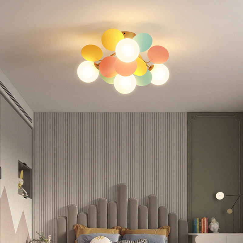 Circle Child Room Semi Flush Chandelier White Glass Creative Ceiling Light Fixture in White Clearhalo 'Ceiling Lights' 'Close To Ceiling Lights' 'Close to ceiling' 'Semi-flushmount' Lighting' 2459891