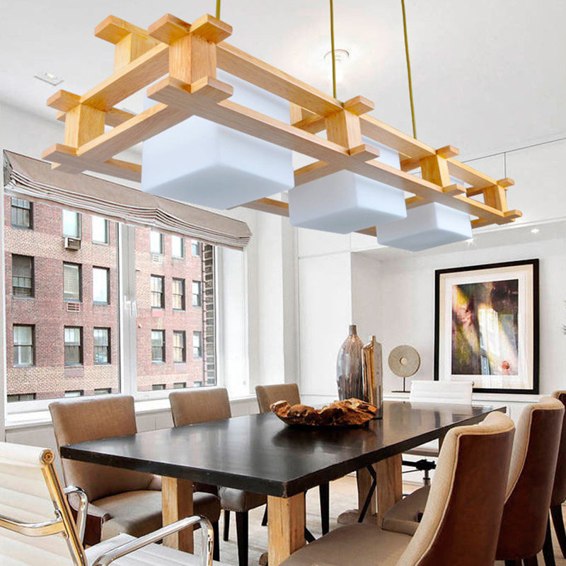 Cream Glass Cube Hanging Pendant Light Modern 3 Heads Wood Island Lighting Fixture Clearhalo 'Ceiling Lights' 'Island Lights' Lighting' 2460016