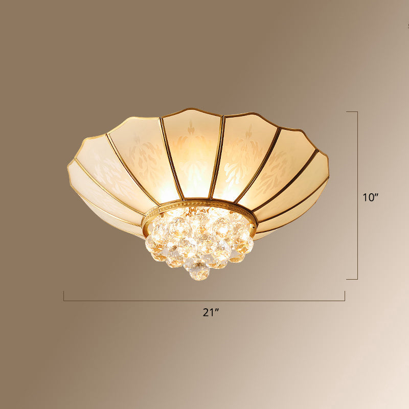 Gold Finish 4-Light Ceiling Fixture Colonial Style Frosted Glass Bowl Shaped Flush Mount Light Clearhalo 'Ceiling Lights' 'Close To Ceiling Lights' 'Close to ceiling' 'Flush mount' Lighting' 2460174
