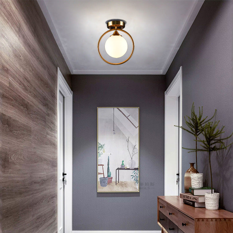 Postmodern Ball Ceiling Lighting Glass 1-Light Corridor Semi-Flush Mount Light with Brass Metal Ring Clearhalo 'Ceiling Lights' 'Close To Ceiling Lights' 'Close to ceiling' 'Semi-flushmount' Lighting' 2460243