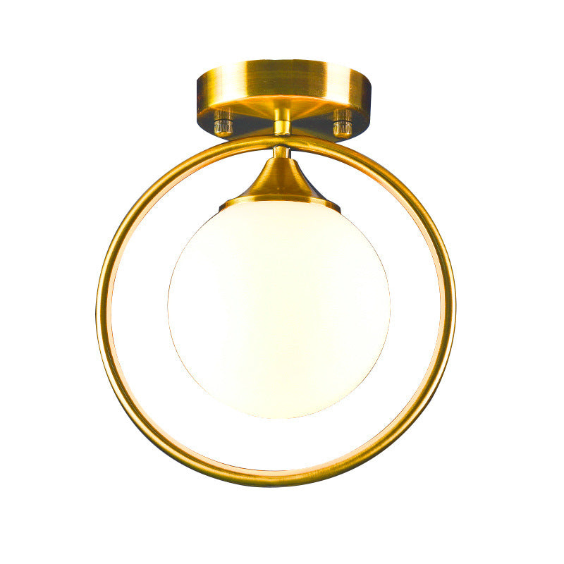 Postmodern Ball Ceiling Lighting Glass 1-Light Corridor Semi-Flush Mount Light with Brass Metal Ring Clearhalo 'Ceiling Lights' 'Close To Ceiling Lights' 'Close to ceiling' 'Semi-flushmount' Lighting' 2460246