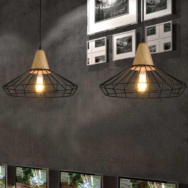 1-Light Caged Hanging Light Fixture Rustic Black Metal Commercial Pendant Lighting with Wooden Socket Black Barn Clearhalo 'Art Deco Pendants' 'Black' 'Cast Iron' 'Ceiling Lights' 'Ceramic' 'Crystal' 'Industrial Pendants' 'Industrial' 'Metal' 'Middle Century Pendants' 'Pendant Lights' 'Pendants' 'Rustic Pendants' 'Tiffany' Lighting' 2460324