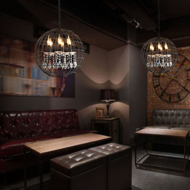 Spherical Wire Cage Iron Pendant Chandelier Rustic Restaurant Suspension Light in Black with Crystal Drops Clearhalo 'Cast Iron' 'Ceiling Lights' 'Chandeliers' 'Industrial Chandeliers' 'Industrial' 'Metal' 'Middle Century Chandeliers' 'Rustic Chandeliers' 'Tiffany' Lighting' 2460418
