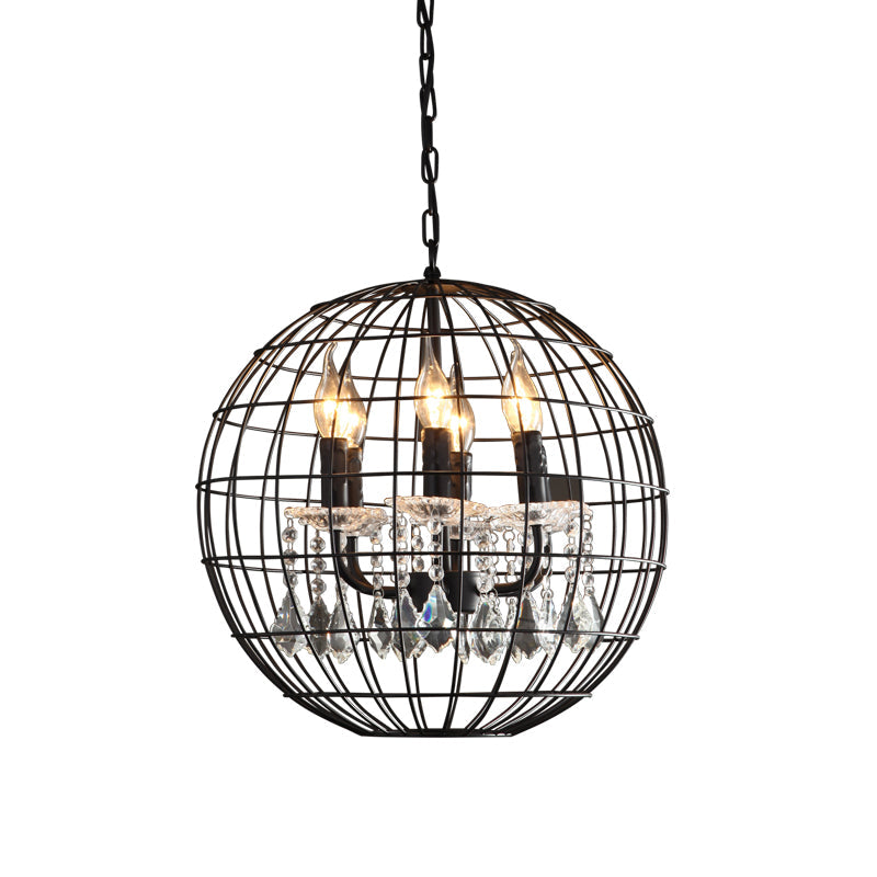Spherical Wire Cage Iron Pendant Chandelier Rustic Restaurant Suspension Light in Black with Crystal Drops Clearhalo 'Cast Iron' 'Ceiling Lights' 'Chandeliers' 'Industrial Chandeliers' 'Industrial' 'Metal' 'Middle Century Chandeliers' 'Rustic Chandeliers' 'Tiffany' Lighting' 2460419
