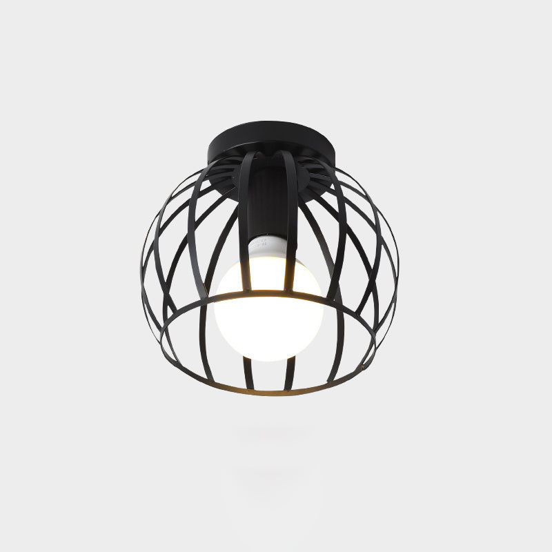 Cage Style Small Aisle Flush Ceiling Light Fixture Industrial Metal 1 Head Black Flushmount Lighting Black Semicircle Clearhalo 'Ceiling Lights' 'Close To Ceiling Lights' 'Close to ceiling' 'Flush mount' 'Industrial Flush Mount' Lighting' 2460479