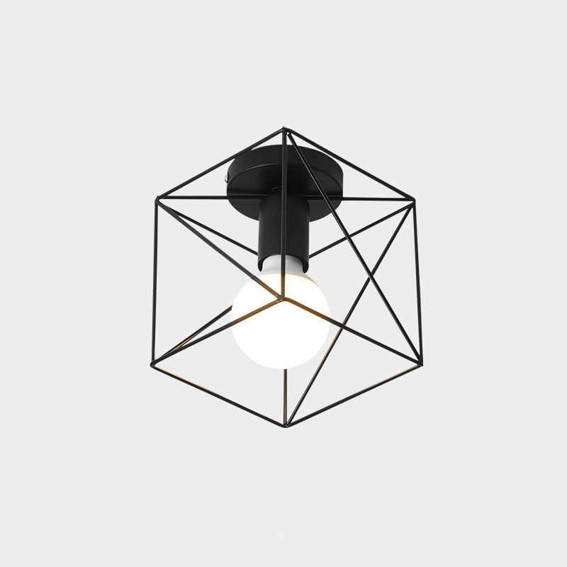 Cage Style Small Aisle Flush Ceiling Light Fixture Industrial Metal 1 Head Black Flushmount Lighting Black Square Clearhalo 'Ceiling Lights' 'Close To Ceiling Lights' 'Close to ceiling' 'Flush mount' 'Industrial Flush Mount' Lighting' 2460487