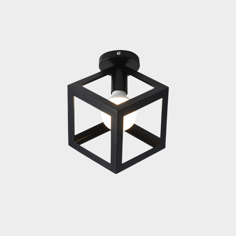 Cage Style Small Aisle Flush Ceiling Light Fixture Industrial Metal 1 Head Black Flushmount Lighting Black Square Plate Clearhalo 'Ceiling Lights' 'Close To Ceiling Lights' 'Close to ceiling' 'Flush mount' 'Industrial Flush Mount' Lighting' 2460488
