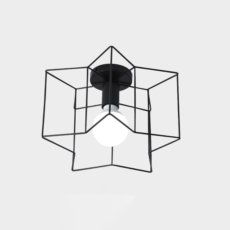 Cage Style Small Aisle Flush Ceiling Light Fixture Industrial Metal 1 Head Black Flushmount Lighting Black Star Clearhalo 'Ceiling Lights' 'Close To Ceiling Lights' 'Close to ceiling' 'Flush mount' 'Industrial Flush Mount' Lighting' 2460499