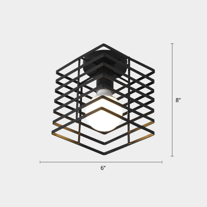 Cage Style Small Aisle Flush Ceiling Light Fixture Industrial Metal 1 Head Black Flushmount Lighting Clearhalo 'Ceiling Lights' 'Close To Ceiling Lights' 'Close to ceiling' 'Flush mount' 'Industrial Flush Mount' Lighting' 2460503