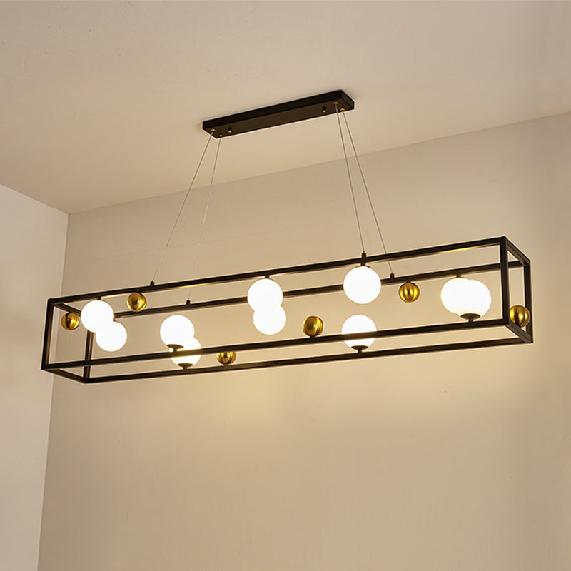 Rectangular Metal Ceiling Pendant Industrial Dining Room Hanging Light with Ball Milk Glass Shade Clearhalo 'Ceiling Lights' 'Island Lights' Lighting' 2460529