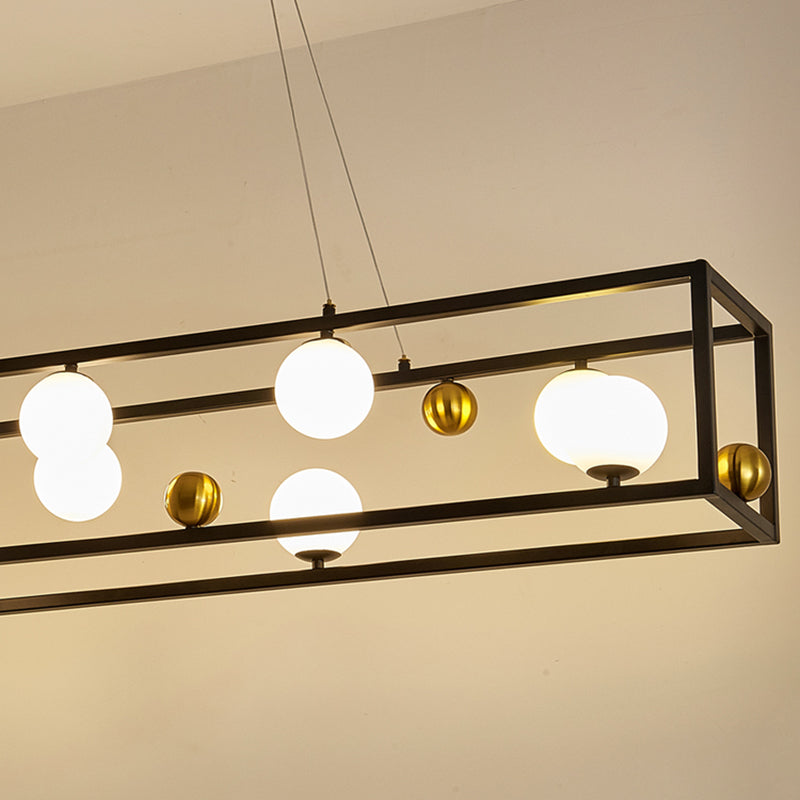 Rectangular Metal Ceiling Pendant Industrial Dining Room Hanging Light with Ball Milk Glass Shade Clearhalo 'Ceiling Lights' 'Island Lights' Lighting' 2460533