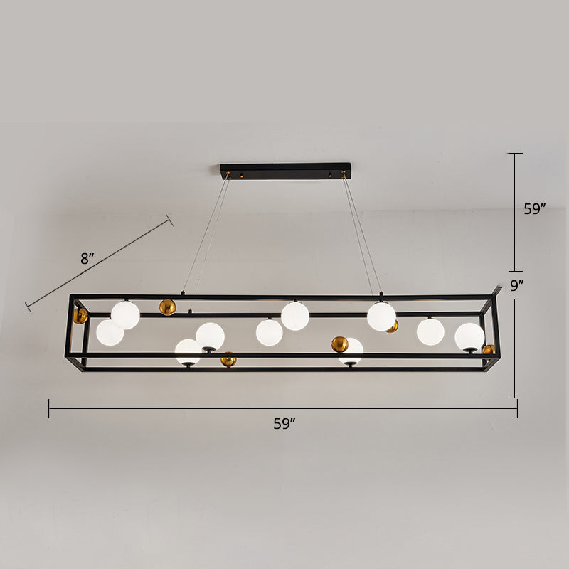 Rectangular Metal Ceiling Pendant Industrial Dining Room Hanging Light with Ball Milk Glass Shade Clearhalo 'Ceiling Lights' 'Island Lights' Lighting' 2460540