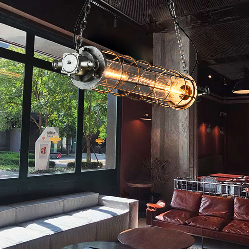 Cylindrical Wire Cage LED Island Light Industrial Silver Metal Pendant Lighting with Inner Clear Glass Shade Clearhalo 'Ceiling Lights' 'Island Lights' Lighting' 2460543