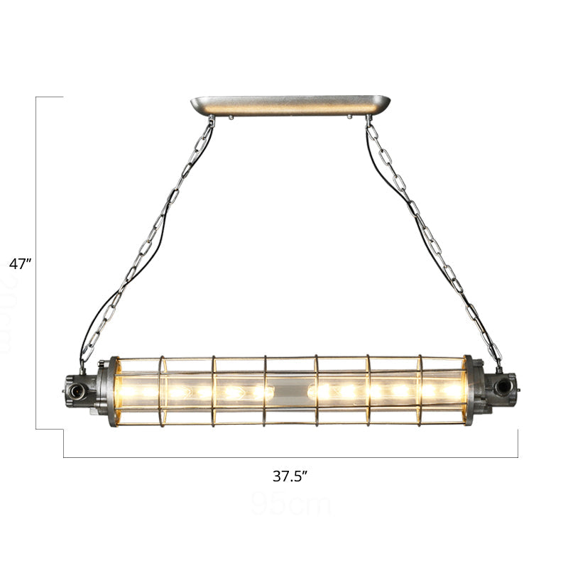 Cylindrical Wire Cage LED Island Light Industrial Silver Metal Pendant Lighting with Inner Clear Glass Shade Clearhalo 'Ceiling Lights' 'Island Lights' Lighting' 2460553