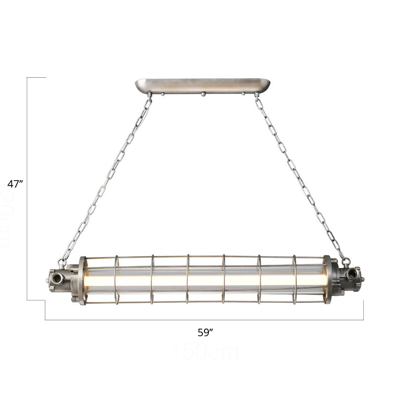 Cylindrical Wire Cage LED Island Light Industrial Silver Metal Pendant Lighting with Inner Clear Glass Shade Clearhalo 'Ceiling Lights' 'Island Lights' Lighting' 2460555