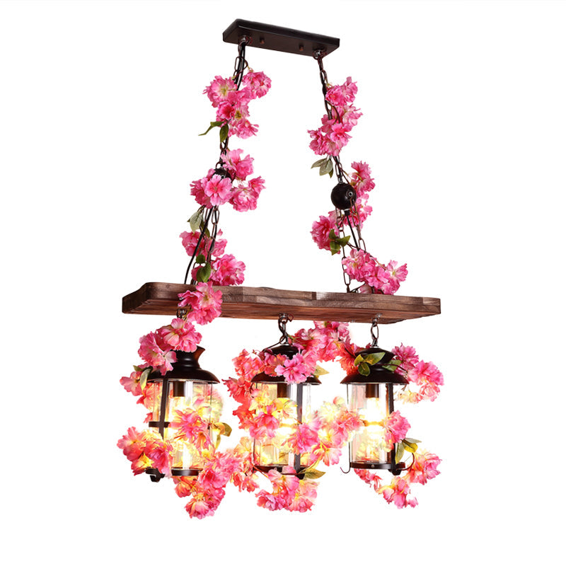 Clear Glass Cylindrical Ceiling Hanging Lantern Industrial 3 Heads Restaurant Island Light with Art Plant Deco Clearhalo 'Ceiling Lights' 'Island Lights' Lighting' 2460567