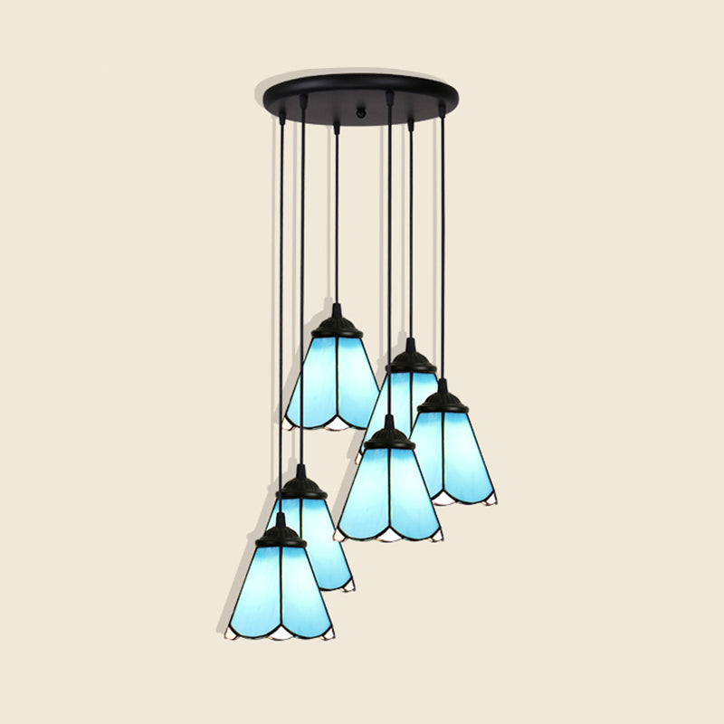 Floral Pendant Ceiling Light Handcrafted Art Glass Tiffany Style Suspension Lamp for Dining Room 6 Light Blue Clearhalo 'Ceiling Lights' 'Chandeliers' 'Close To Ceiling Lights' 'Glass shade' 'Glass' 'Industrial' 'Middle Century Pendants' 'Pendant Lights' 'Pendants' 'Tiffany close to ceiling' 'Tiffany Pendants' 'Tiffany' Lighting' 2460669