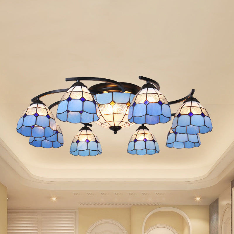 Gridded Glass Semi Flush Mount Light Scalloped Edge Mediterranean Style Close to Ceiling Light Clearhalo 'Ceiling Lights' 'Close To Ceiling Lights' 'Close to ceiling' 'Glass shade' 'Glass' 'Pendant Lights' 'Semi-flushmount' 'Tiffany close to ceiling' 'Tiffany' Lighting' 2460785