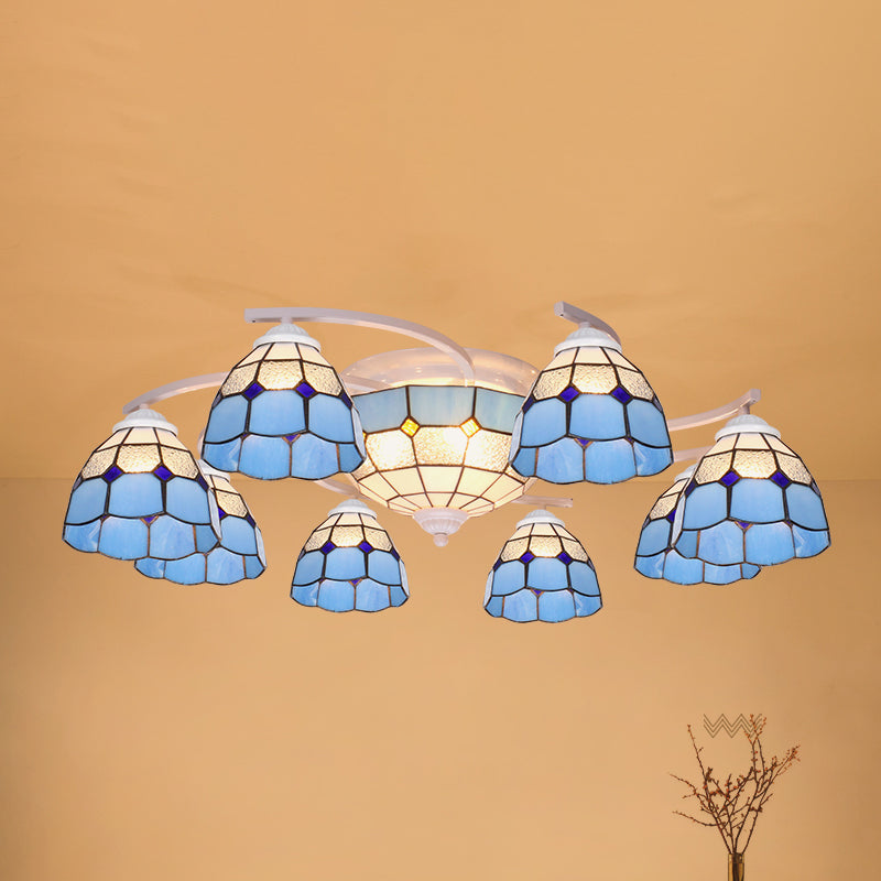 Gridded Glass Semi Flush Mount Light Scalloped Edge Mediterranean Style Close to Ceiling Light 11 White Blue Clearhalo 'Ceiling Lights' 'Close To Ceiling Lights' 'Close to ceiling' 'Glass shade' 'Glass' 'Pendant Lights' 'Semi-flushmount' 'Tiffany close to ceiling' 'Tiffany' Lighting' 2460788