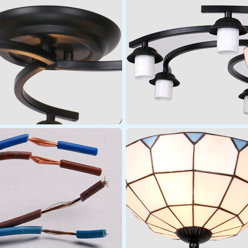 Gridded Glass Semi Flush Mount Light Scalloped Edge Mediterranean Style Close to Ceiling Light Clearhalo 'Ceiling Lights' 'Close To Ceiling Lights' 'Close to ceiling' 'Glass shade' 'Glass' 'Pendant Lights' 'Semi-flushmount' 'Tiffany close to ceiling' 'Tiffany' Lighting' 2460789