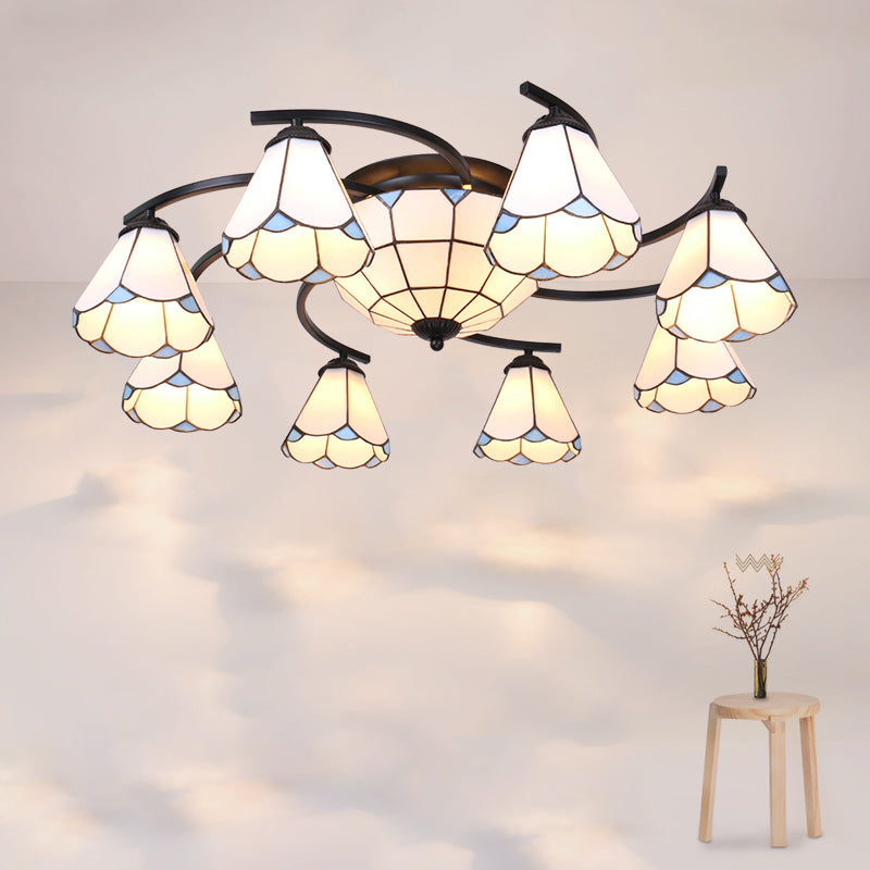 Gridded Glass Semi Flush Mount Light Scalloped Edge Mediterranean Style Close to Ceiling Light 11 Black White Clearhalo 'Ceiling Lights' 'Close To Ceiling Lights' 'Close to ceiling' 'Glass shade' 'Glass' 'Pendant Lights' 'Semi-flushmount' 'Tiffany close to ceiling' 'Tiffany' Lighting' 2460790