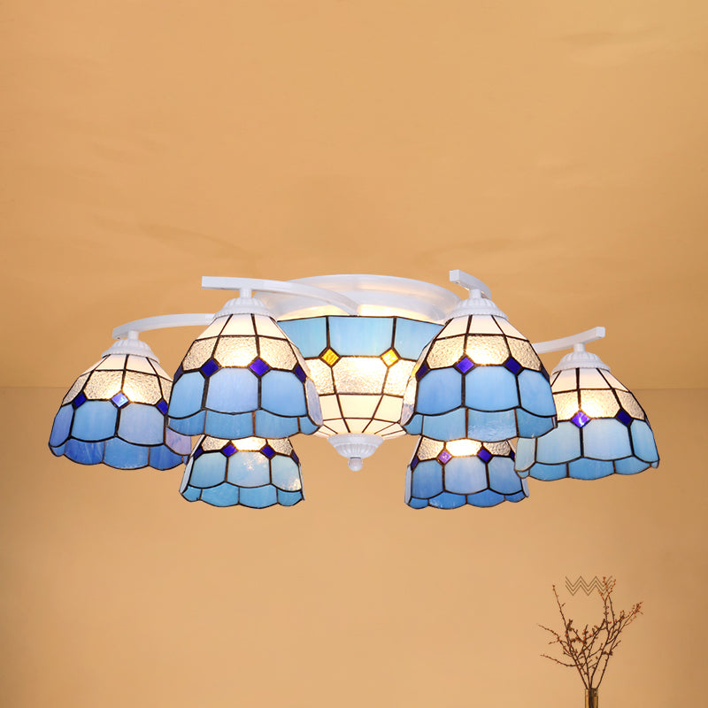 Gridded Glass Semi Flush Mount Light Scalloped Edge Mediterranean Style Close to Ceiling Light 9 White Blue Clearhalo 'Ceiling Lights' 'Close To Ceiling Lights' 'Close to ceiling' 'Glass shade' 'Glass' 'Pendant Lights' 'Semi-flushmount' 'Tiffany close to ceiling' 'Tiffany' Lighting' 2460792