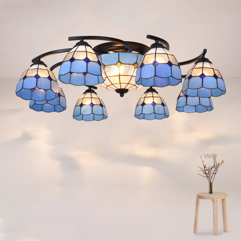 Gridded Glass Semi Flush Mount Light Scalloped Edge Mediterranean Style Close to Ceiling Light 11 Black Blue Clearhalo 'Ceiling Lights' 'Close To Ceiling Lights' 'Close to ceiling' 'Glass shade' 'Glass' 'Pendant Lights' 'Semi-flushmount' 'Tiffany close to ceiling' 'Tiffany' Lighting' 2460794