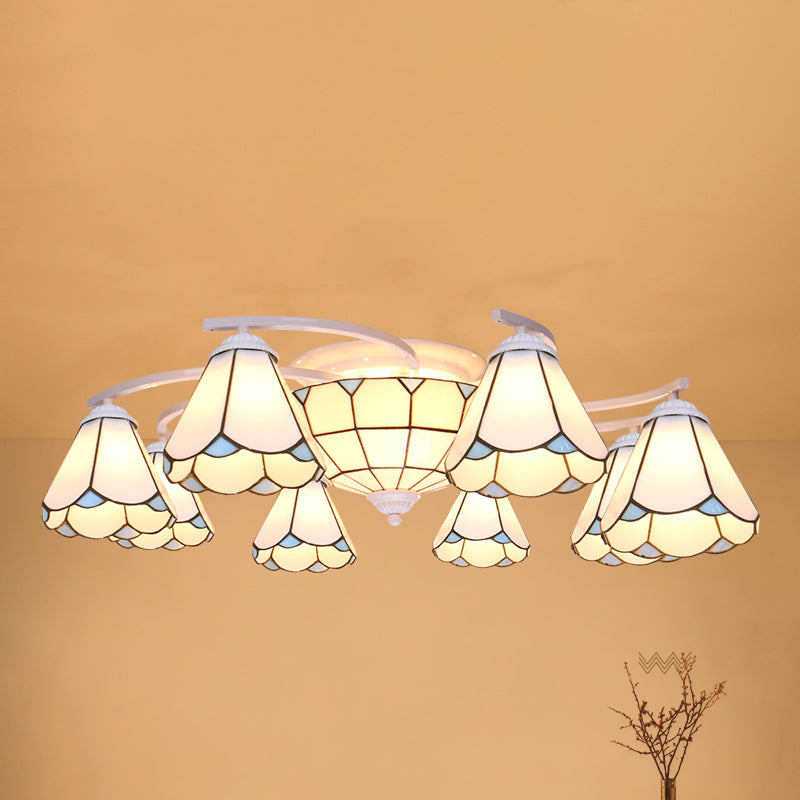 Gridded Glass Semi Flush Mount Light Scalloped Edge Mediterranean Style Close to Ceiling Light 11 White White Clearhalo 'Ceiling Lights' 'Close To Ceiling Lights' 'Close to ceiling' 'Glass shade' 'Glass' 'Pendant Lights' 'Semi-flushmount' 'Tiffany close to ceiling' 'Tiffany' Lighting' 2460795