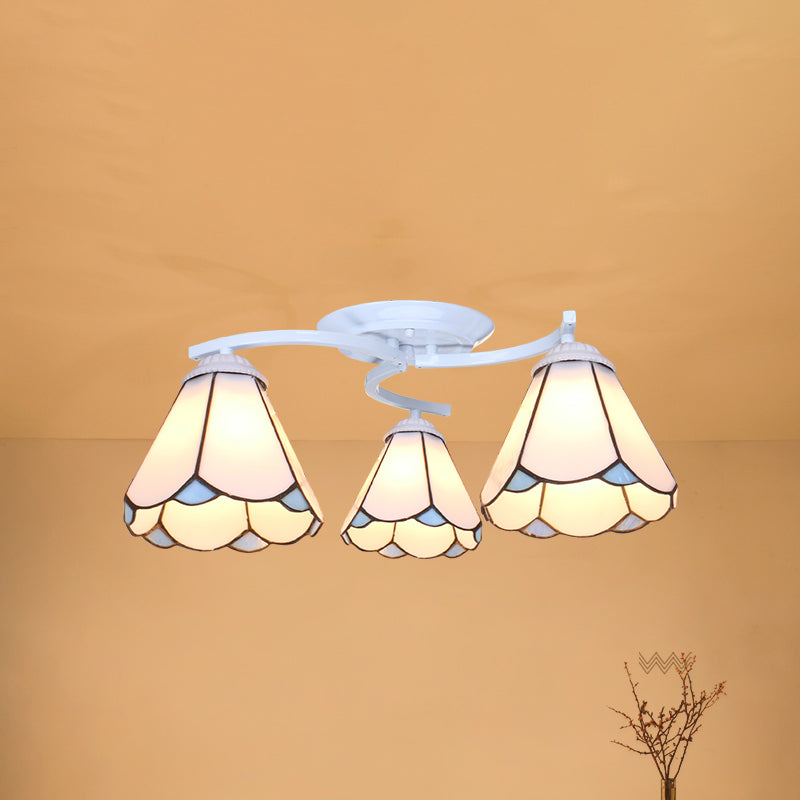Gridded Glass Semi Flush Mount Light Scalloped Edge Mediterranean Style Close to Ceiling Light 3 White White Clearhalo 'Ceiling Lights' 'Close To Ceiling Lights' 'Close to ceiling' 'Glass shade' 'Glass' 'Pendant Lights' 'Semi-flushmount' 'Tiffany close to ceiling' 'Tiffany' Lighting' 2460796