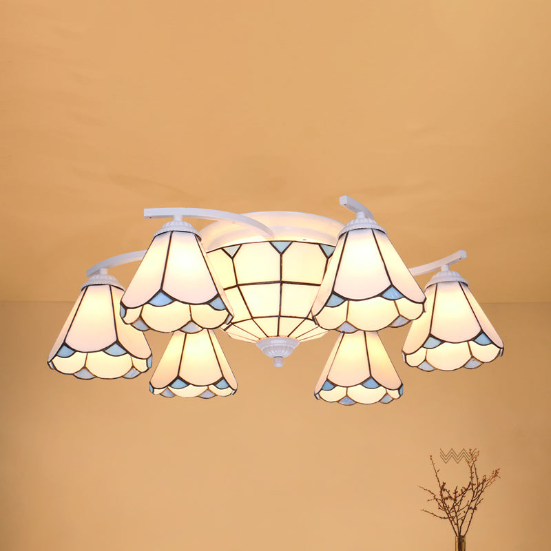 Gridded Glass Semi Flush Mount Light Scalloped Edge Mediterranean Style Close to Ceiling Light 9 White White Clearhalo 'Ceiling Lights' 'Close To Ceiling Lights' 'Close to ceiling' 'Glass shade' 'Glass' 'Pendant Lights' 'Semi-flushmount' 'Tiffany close to ceiling' 'Tiffany' Lighting' 2460798