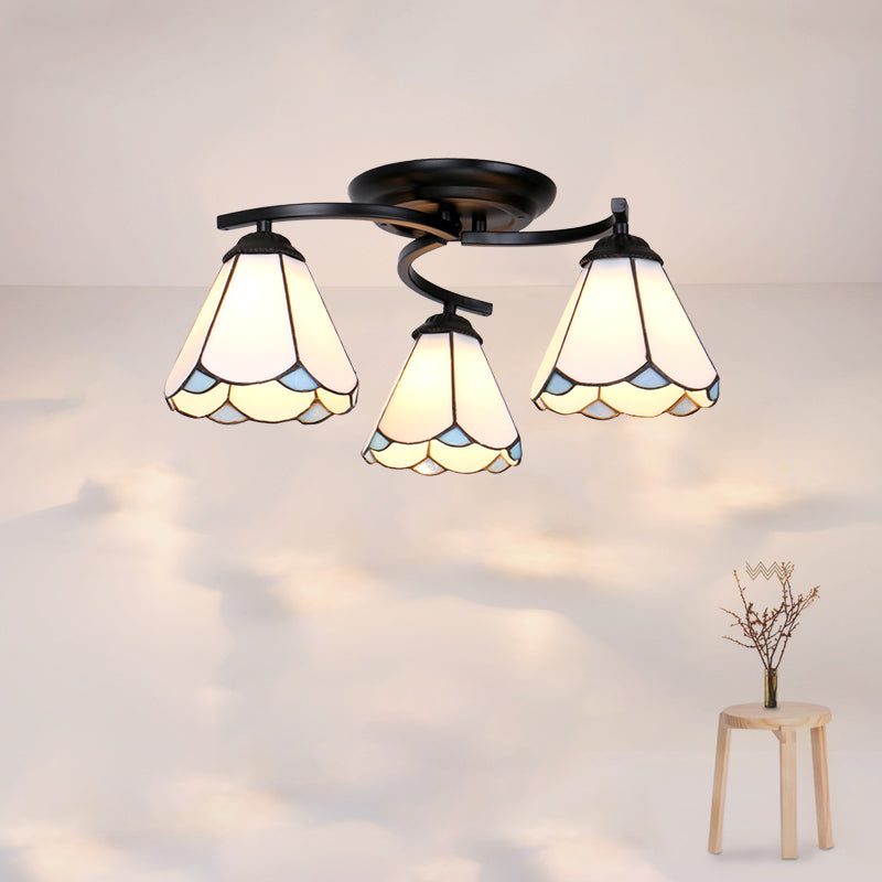 Gridded Glass Semi Flush Mount Light Scalloped Edge Mediterranean Style Close to Ceiling Light 3 Black White Clearhalo 'Ceiling Lights' 'Close To Ceiling Lights' 'Close to ceiling' 'Glass shade' 'Glass' 'Pendant Lights' 'Semi-flushmount' 'Tiffany close to ceiling' 'Tiffany' Lighting' 2460799