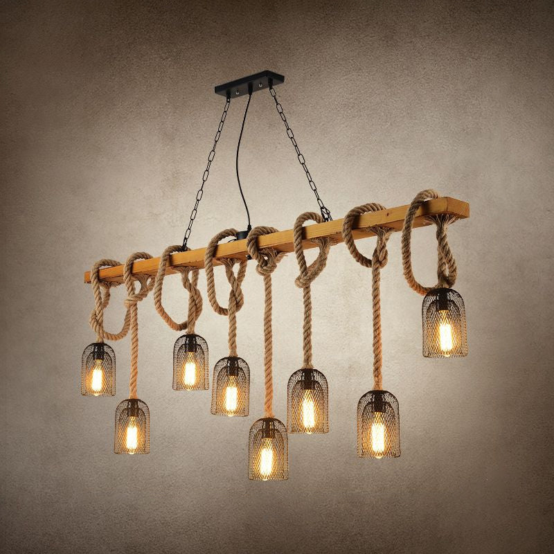 Countryside Mesh Hanging Pendant Lamp Metal Island Lighting with Rope Cord in Wood 8 Wood Clearhalo 'Ceiling Lights' 'Island Lights' Lighting' 2460998