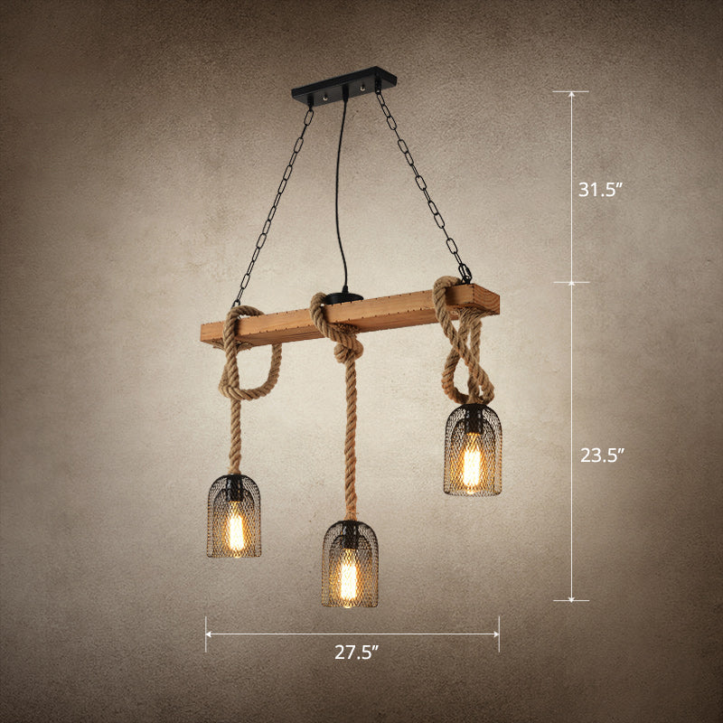 Countryside Mesh Hanging Pendant Lamp Metal Island Lighting with Rope Cord in Wood Clearhalo 'Ceiling Lights' 'Island Lights' Lighting' 2461004