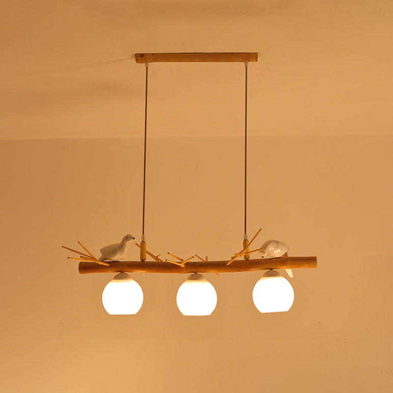 Dome Island Light Fixture Modern Cream Glass Wood Pendant Light with White Bird Deco 3 Wood Clearhalo 'Ceiling Lights' 'Island Lights' Lighting' 2461020